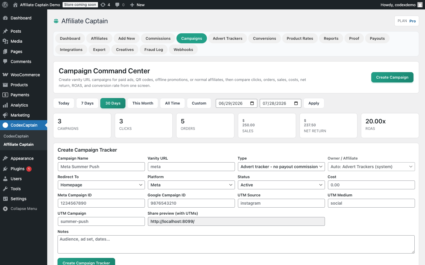 Affiliate Captain campaign command center for WooCommerce advert spend, revenue, and return