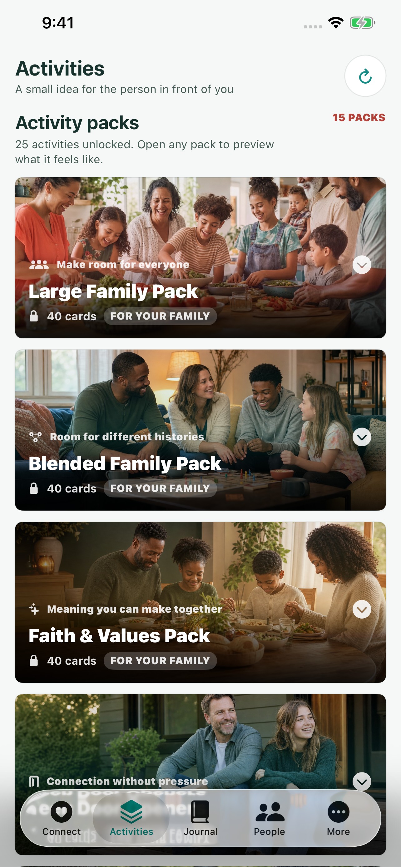 UsJot activity library with image-led packs for different family seasons