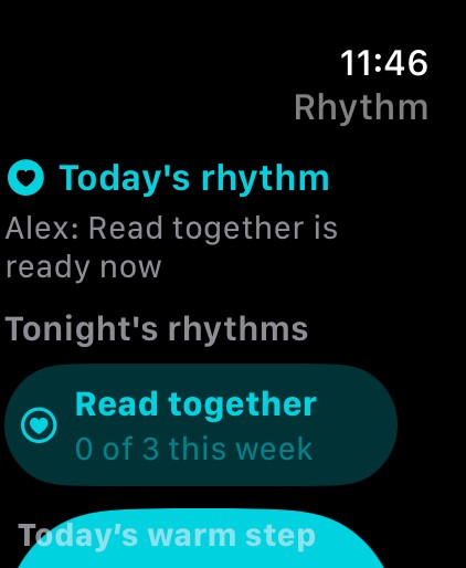 UsJot Apple Watch companion showing today's warm step and quick moment logging