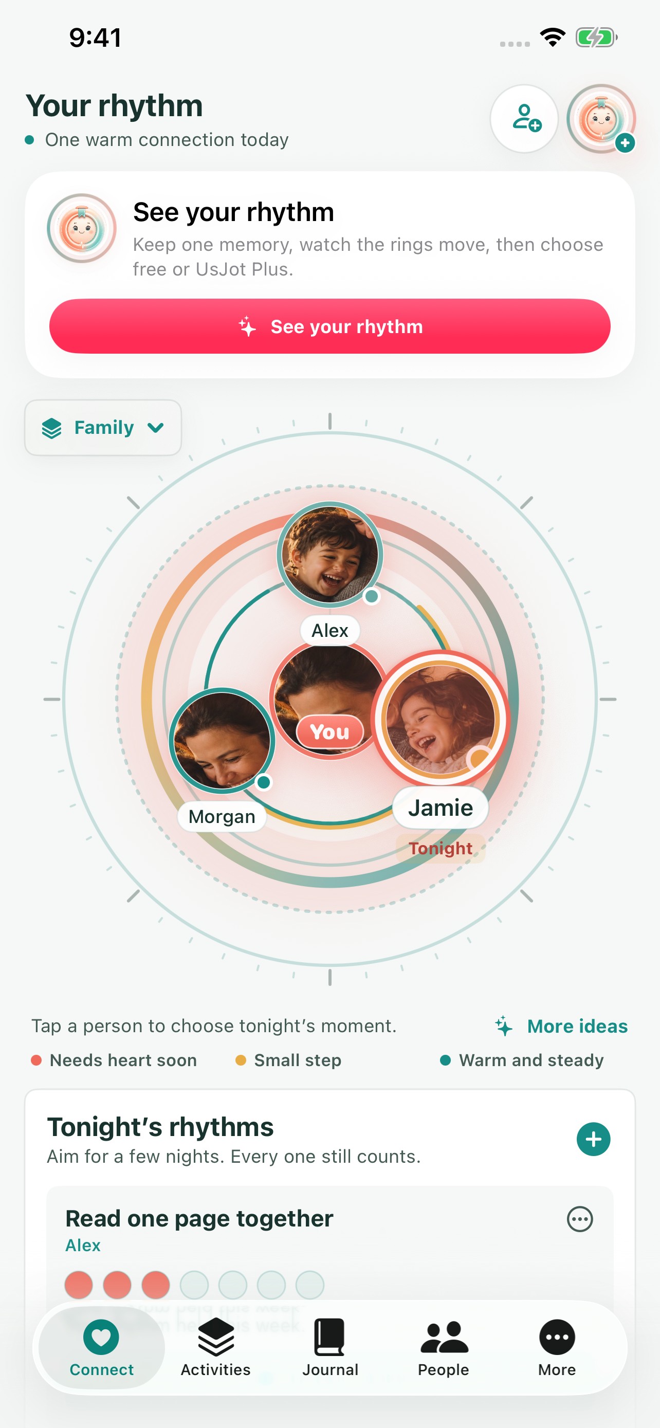UsJot connection rings showing a multigenerational family moving closer through shared moments