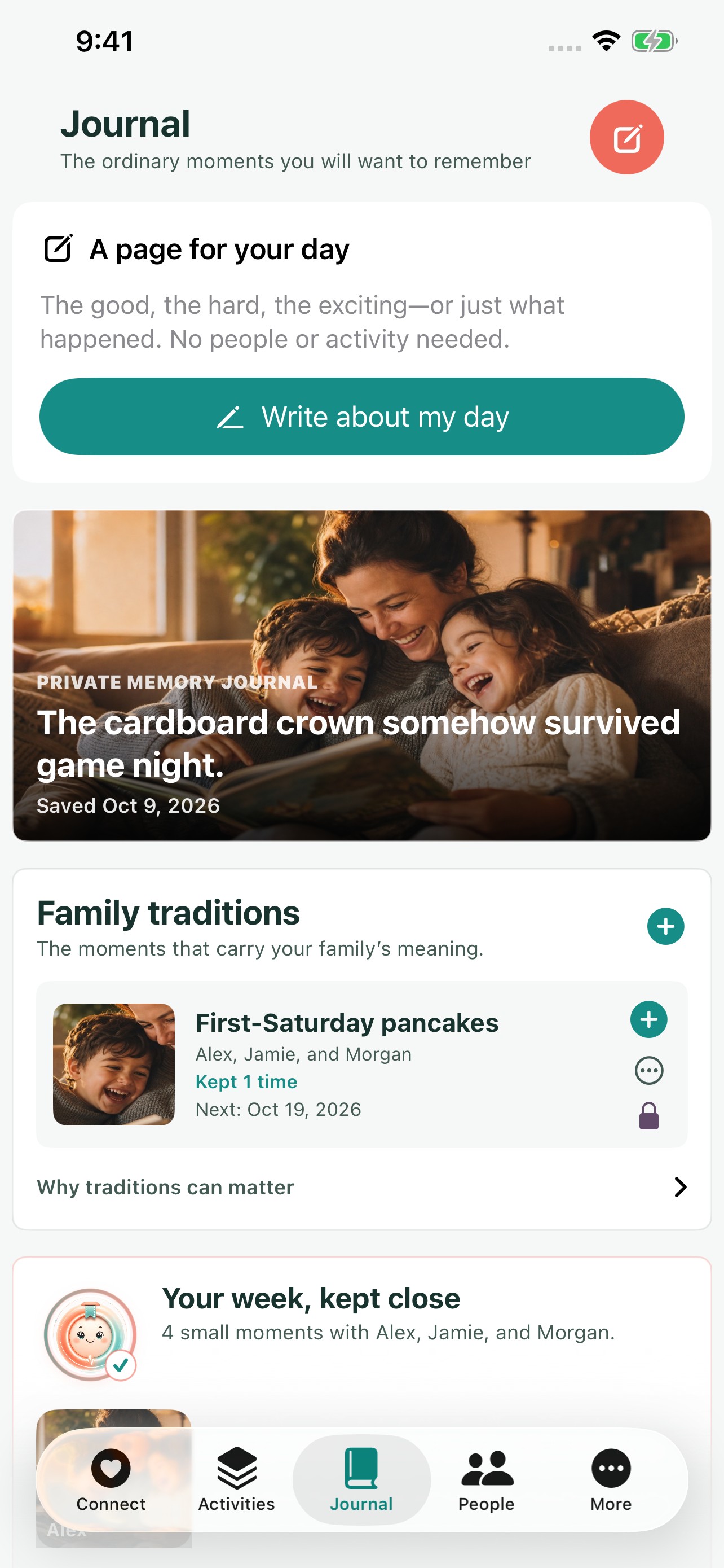 UsJot private journal showing a saved family memory with a photo